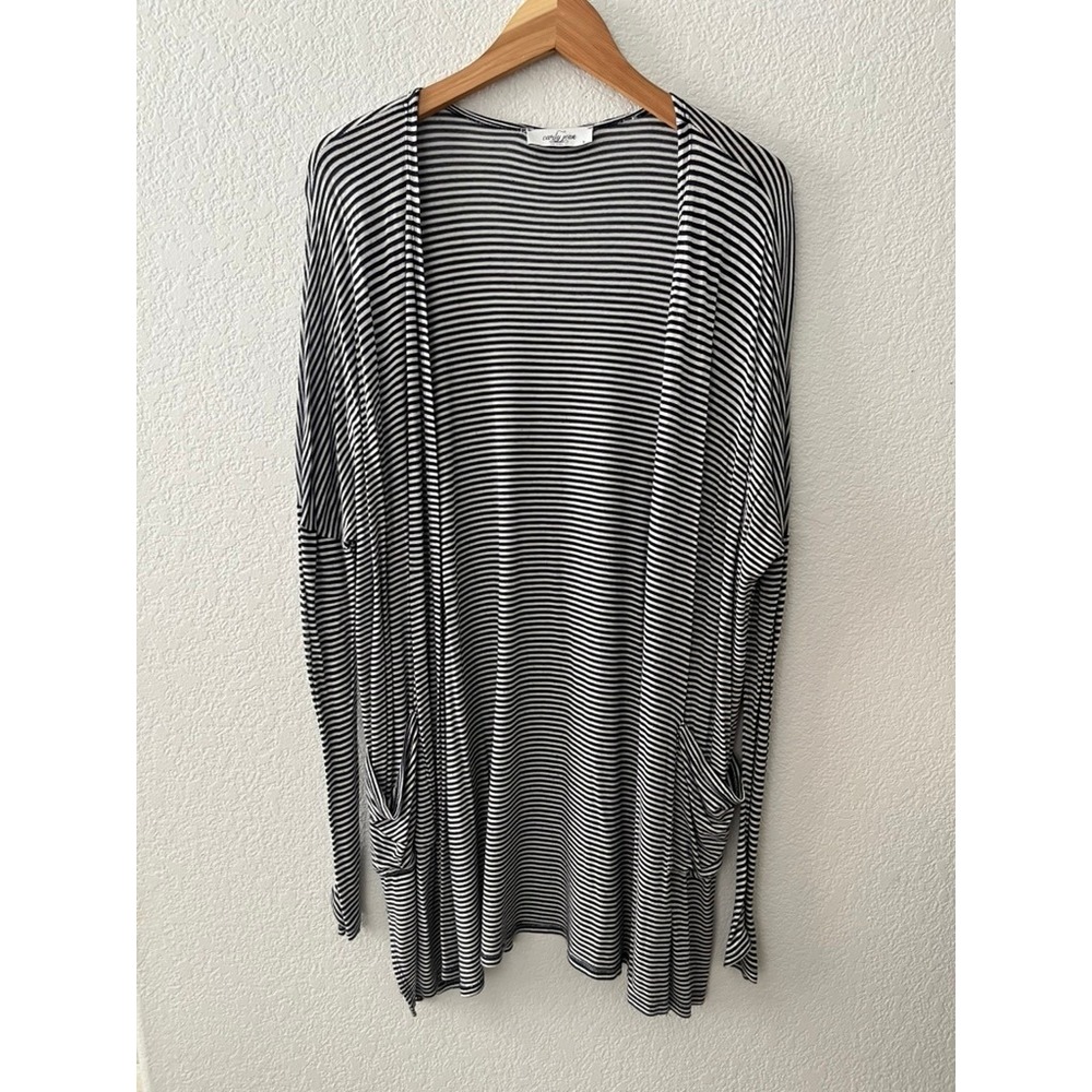 Carly Jean Los Angeles Striped Open‎ Front Cardigan Navy White Small Pocket
